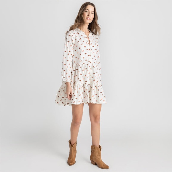 NWT PINK CHICKEN Womens Kalani Dress Tiny Horses White Cotton Tiered Mini Small - Picture 1 of 13
